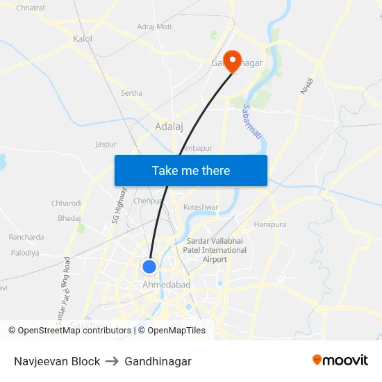 Navjeevan Block to Gandhinagar map
