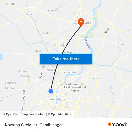Navrang Circle to Gandhinagar map