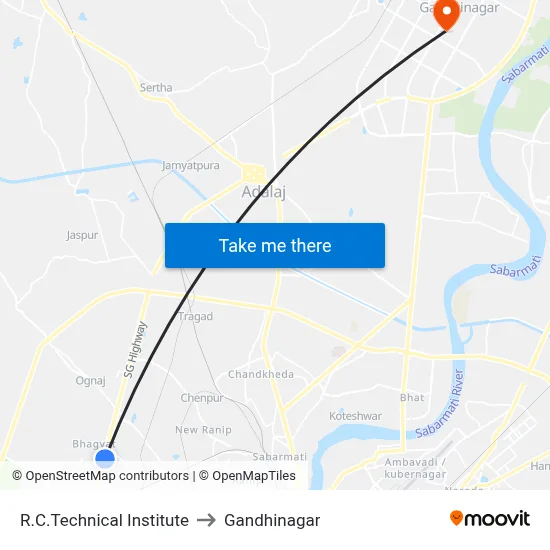 R.C.Technical Institute to Gandhinagar map