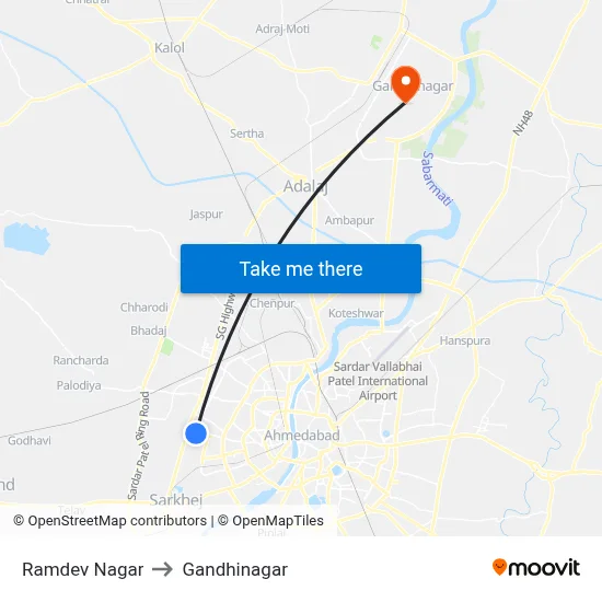 Ramdev Nagar to Gandhinagar map