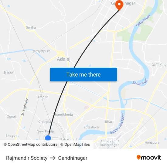 Rajmandir Society to Gandhinagar map