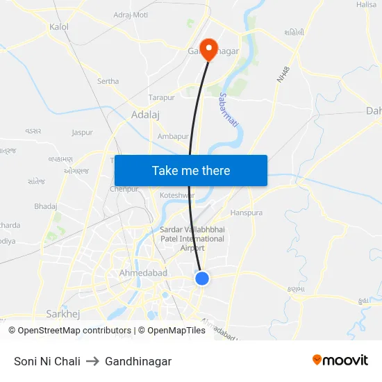 Soni Ni Chali to Gandhinagar map