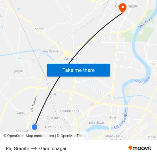 Raj Granite to Gandhinagar map