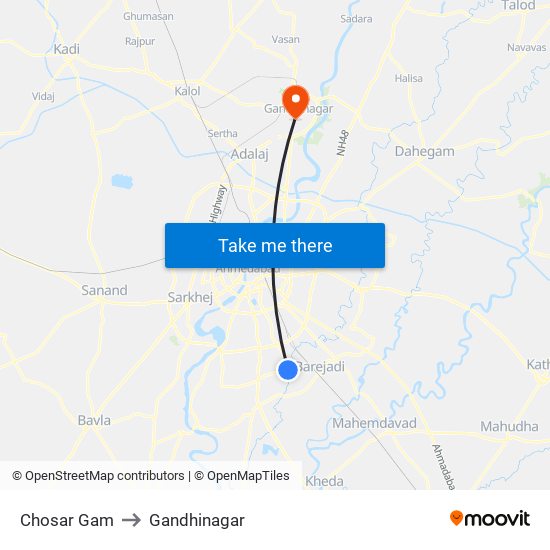 Chosar Gam to Gandhinagar map