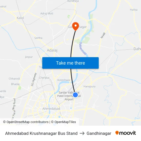Ahmedabad Krushnanagar Bus Stand to Gandhinagar map