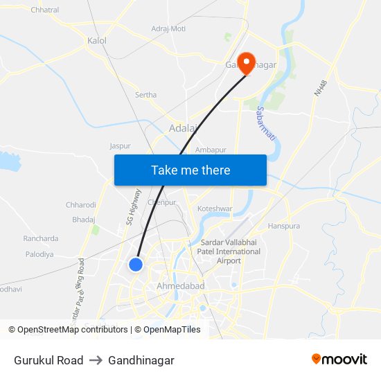 Gurukul Road to Gandhinagar map