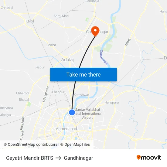 Gayatri Mandir BRTS to Gandhinagar map
