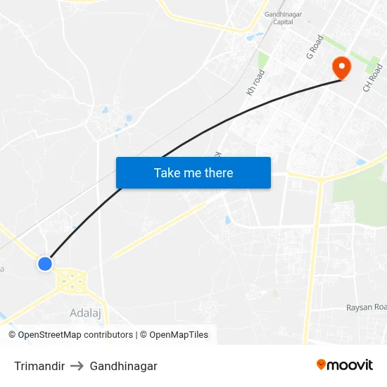 Trimandir to Gandhinagar map