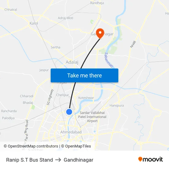 Ranip S.T Bus Stand to Gandhinagar map