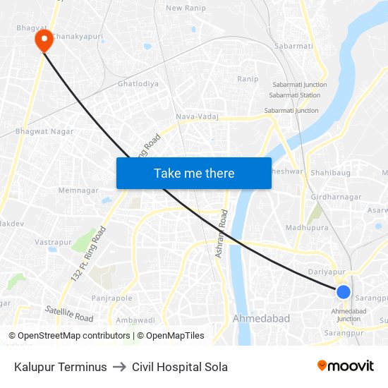 Kalupur Terminus to Civil Hospital Sola map