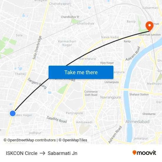 ISKCON Circle to Sabarmati Jn map