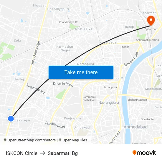 ISKCON Circle to Sabarmati Bg map