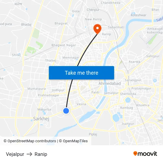 Vejalpur to Ranip map