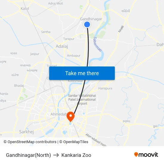 Gandhinagar(North) to Kankaria Zoo map