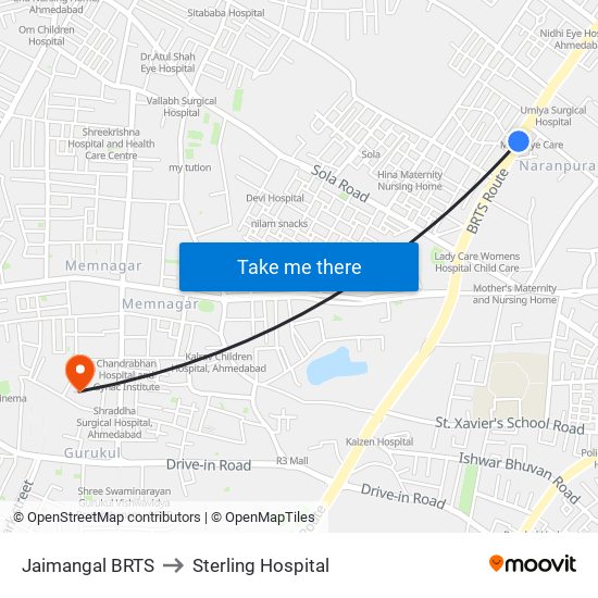 Jaimangal BRTS to Sterling Hospital map