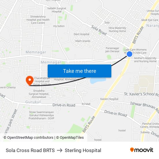 Sola Cross Road BRTS to Sterling Hospital map