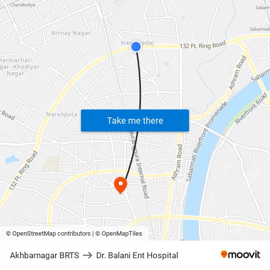 Akhbarnagar BRTS to Dr. Balani Ent Hospital map