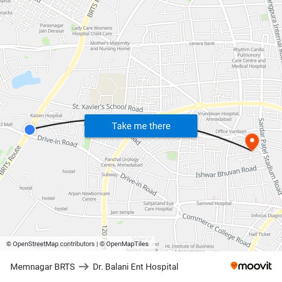 Memnagar BRTS to Dr. Balani Ent Hospital map