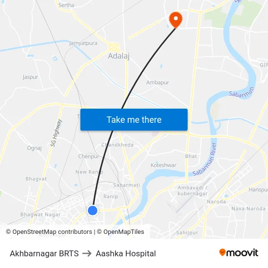 Akhbarnagar BRTS to Aashka Hospital map