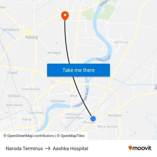 Naroda Terminus to Aashka Hospital map