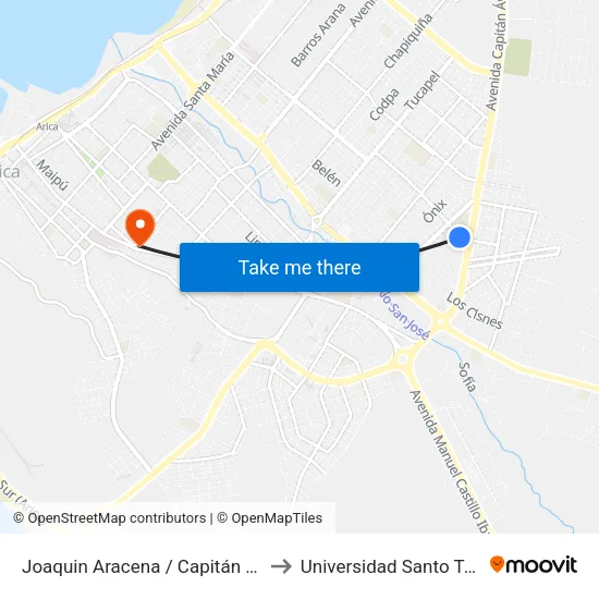 Joaquin Aracena / Capitán Ávalos to Universidad Santo Tomás map