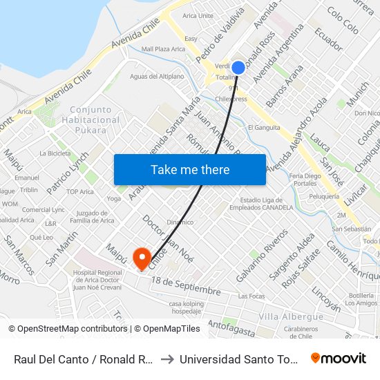 Raul Del Canto / Ronald Ross to Universidad Santo Tomás map