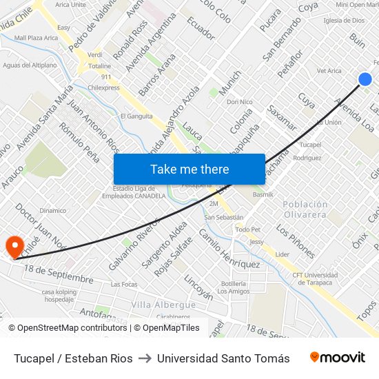 Tucapel / Esteban Rios to Universidad Santo Tomás map