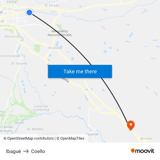 Ibagué to Coello map