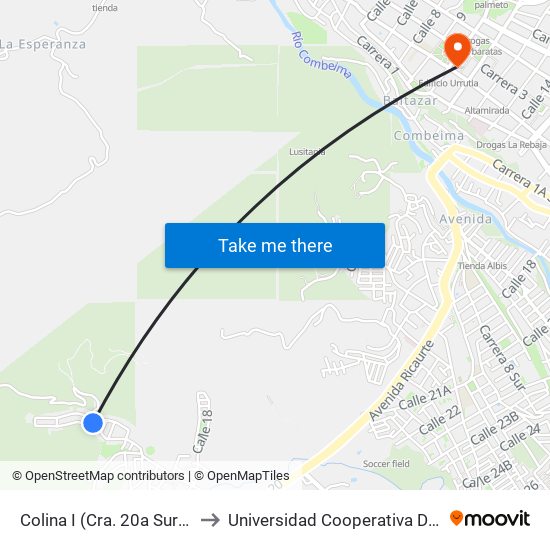 Colina I (Cra. 20a Sur X Cll. 13) to Universidad Cooperativa De Colombia map