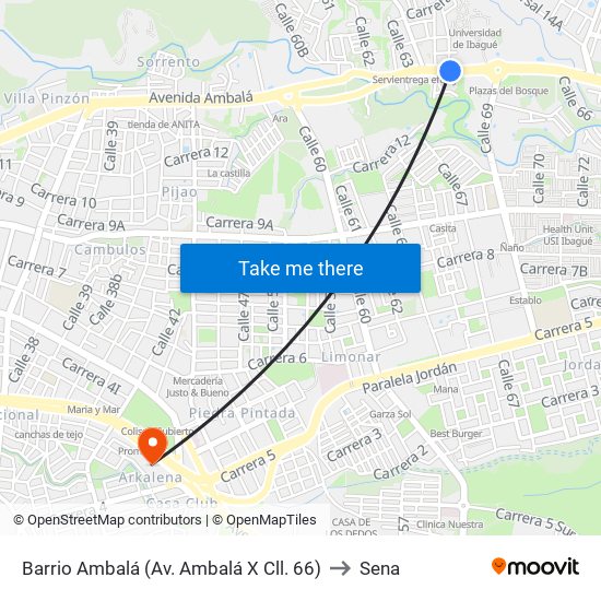 Barrio Ambalá (Av. Ambalá X Cll. 66) to Sena map