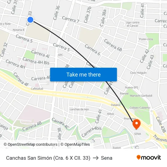 Canchas San Simón (Cra. 6 X Cll. 33) to Sena map