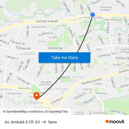 Av. Ambalá X Cll. 63 to Sena map