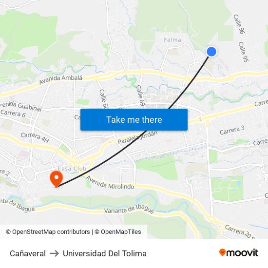 Cañaveral to Universidad Del Tolima map