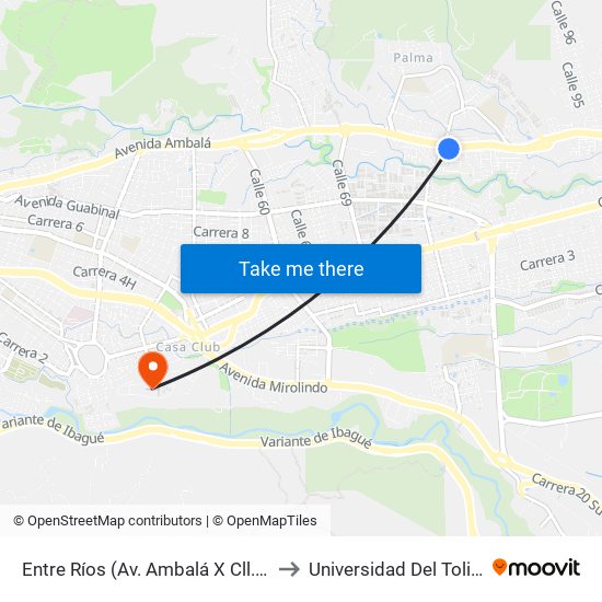 Entre Ríos (Av. Ambalá X Cll. 77) to Universidad Del Tolima map