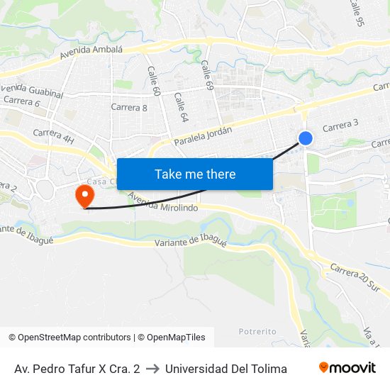 Av. Pedro Tafur X Cra. 2 to Universidad Del Tolima map