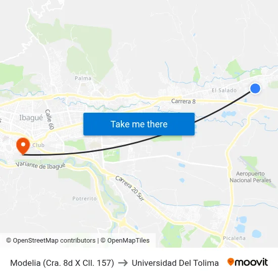 Modelia (Cra. 8d X Cll. 157) to Universidad Del Tolima map