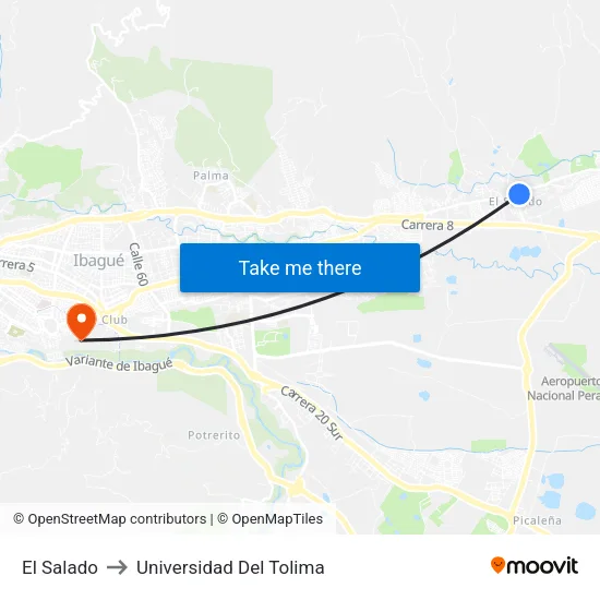 El Salado to Universidad Del Tolima map