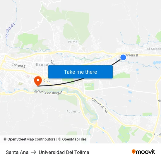 Santa Ana to Universidad Del Tolima map