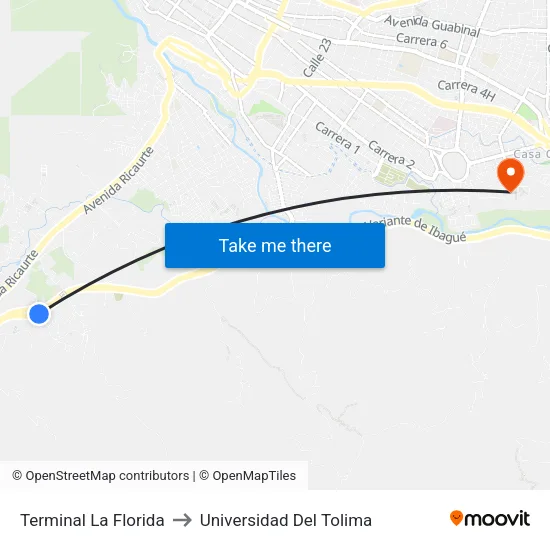 Terminal La Florida to Universidad Del Tolima map