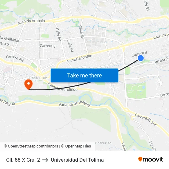 Cll. 88 X Cra. 2 to Universidad Del Tolima map