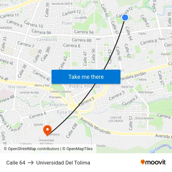 Calle 64 to Universidad Del Tolima map