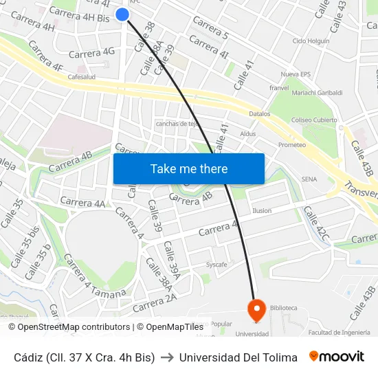 Cádiz (Cll. 37 X Cra. 4h Bis) to Universidad Del Tolima map