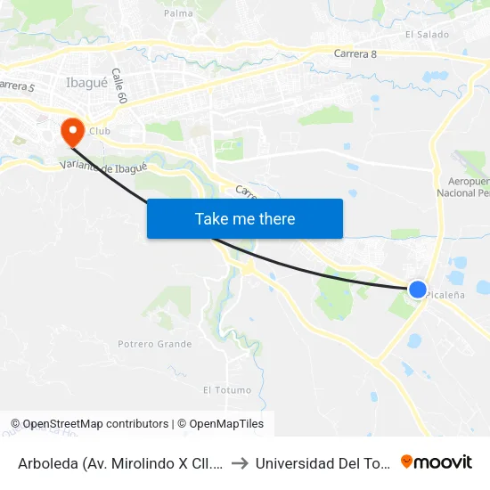 Arboleda (Av. Mirolindo X Cll. 143) to Universidad Del Tolima map