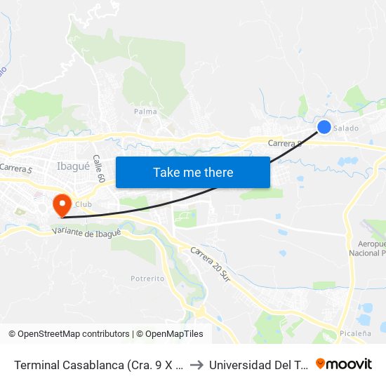 Terminal Casablanca (Cra. 9 X Cll.139) to Universidad Del Tolima map