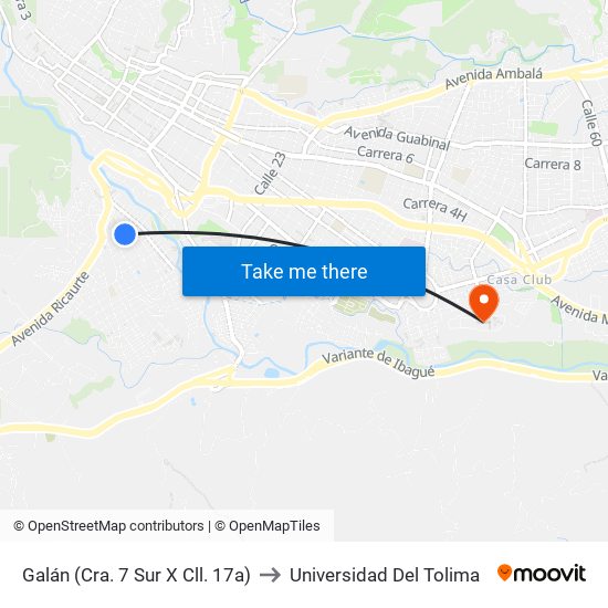Galán (Cra. 7 Sur X Cll. 17a) to Universidad Del Tolima map