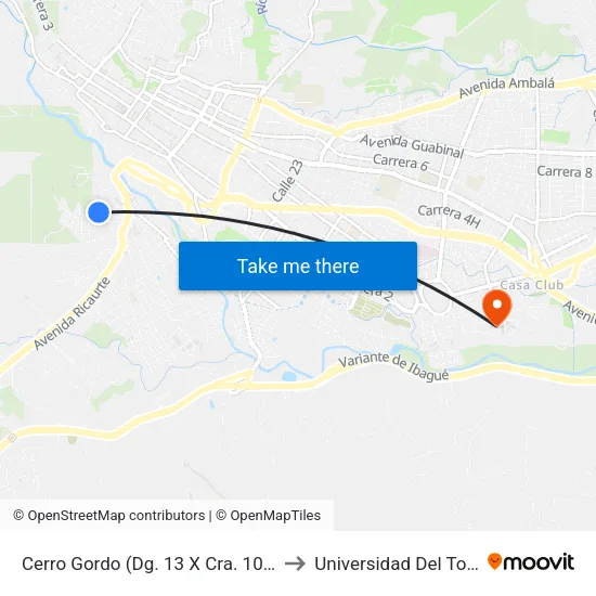 Cerro Gordo (Dg. 13 X Cra. 10b Sur) to Universidad Del Tolima map
