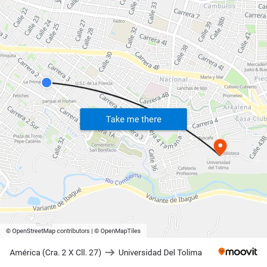 América (Cra. 2 X Cll. 27) to Universidad Del Tolima map