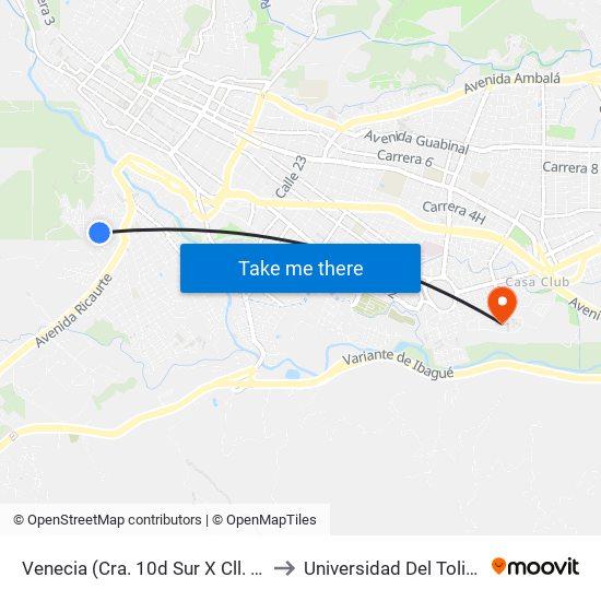 Venecia (Cra. 10d Sur X Cll. 15) to Universidad Del Tolima map
