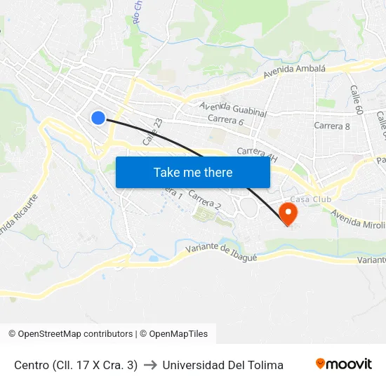 Centro (Cll. 17 X Cra. 3) to Universidad Del Tolima map