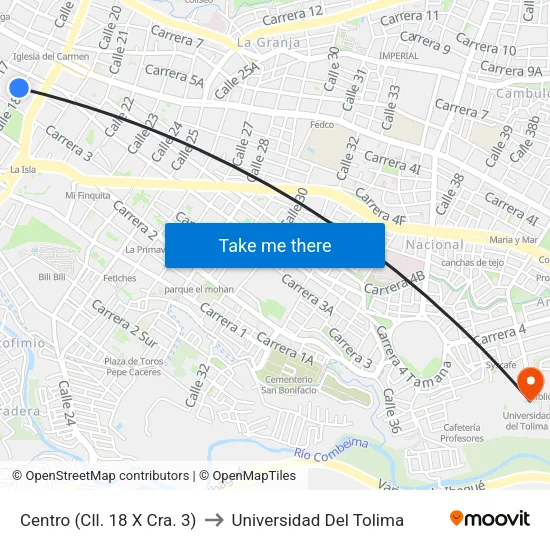 Centro (Cll. 18 X Cra. 3) to Universidad Del Tolima map